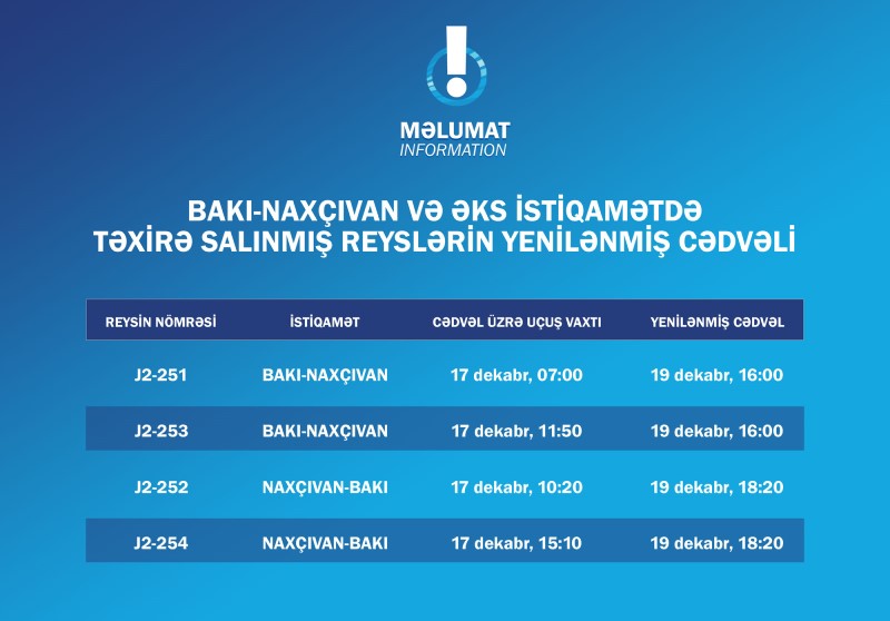 AZAL təxirə salınmış Bakı-Naxçıvan-Bakı marşrutu ilə bağlı məlumat yaydı