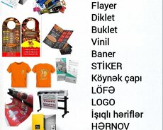 Vizitkart, Buklet, Flayer, Diklet, Vinil, Baner, Köynək çap
