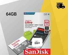 Карта Micro SD Sandisk Ultra 64 ГБ, класс 10, 80 Мбит/с и адаптер